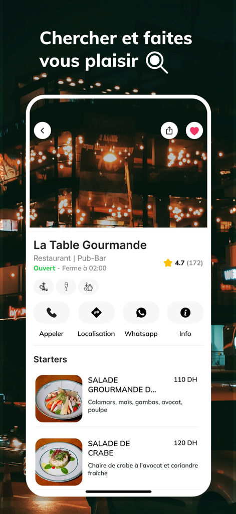 Pinjoy mobile app screen displaying restaurant information and menu items