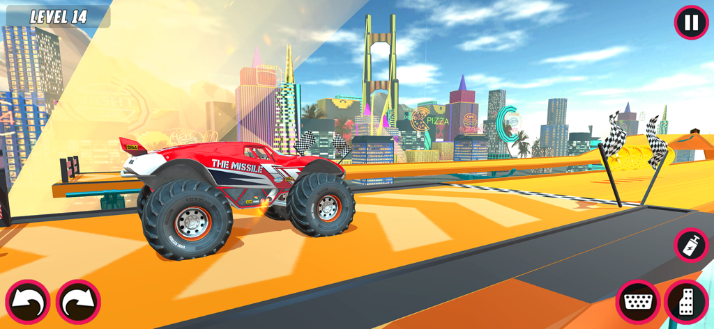 Monster Truck Stunts Car Games - A red monster truck named The Missile performing stunts on a yellow mega ramp with a colorful city skyline background.