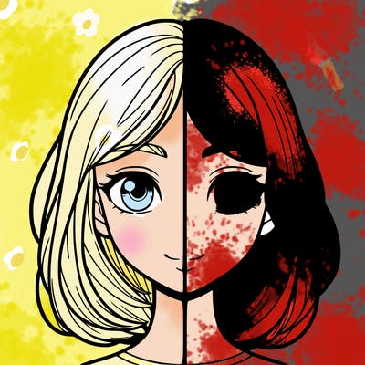 a realistic girl divided into two halfs