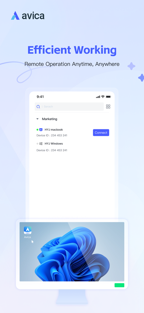 Avica Business - Interfaz de la aplicación móvil Avica Business que muestra una lista de dispositivos remotos listos para conectar
