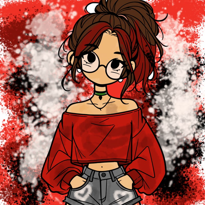 girl with a messy ponytail glasses a baggy crop top and jean shorts