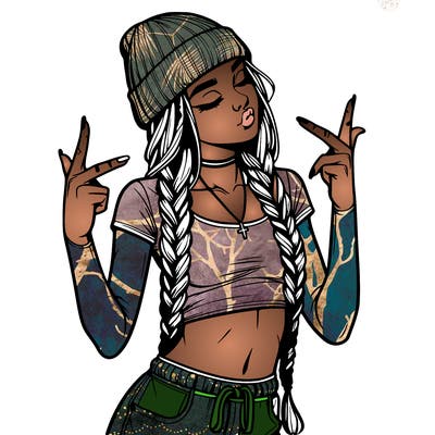 realistic teenage girl with braids and a beanie and crop top doing 🫶🏼