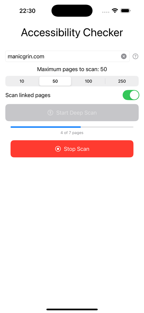 Accessibility Checker app interface showing a website scan in progress with page settings.