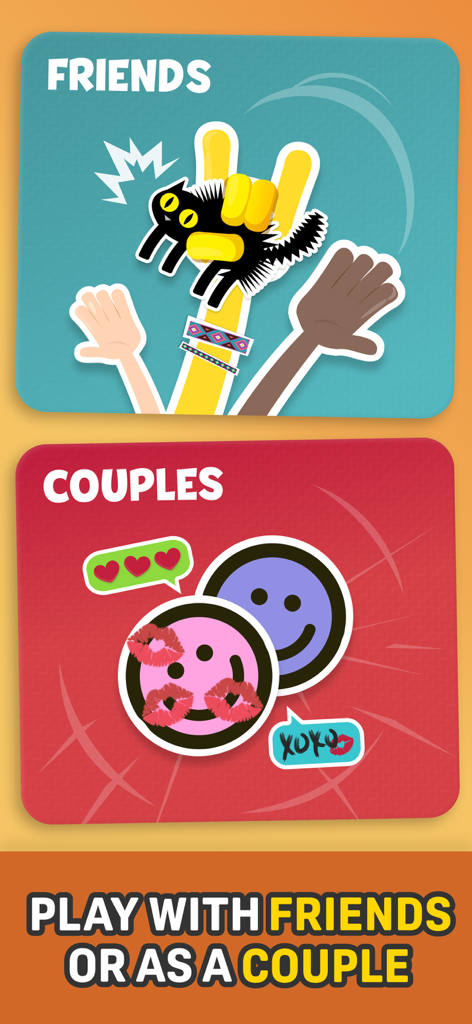 友人向けとカップル向けのゲームモードが表示された選択画面。カラフルなイラスト付き。