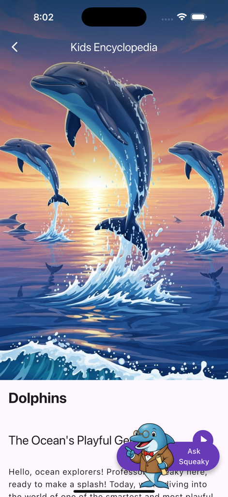 Una schermata educativa colorata sui delfini dall'app Kids Encyclopedia con un assistente IA in versione cartone animato.