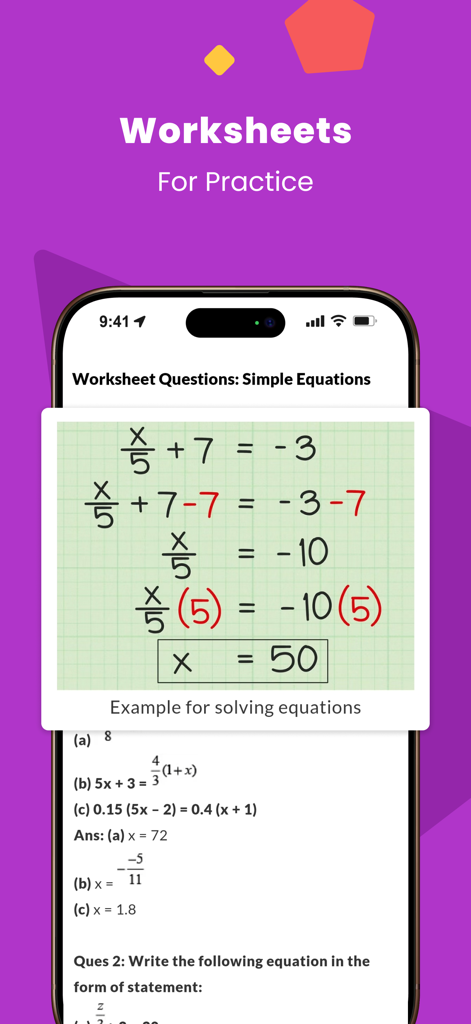 Class 7 CBSE NCERT & Maths App - Mobile app screen displaying a step-by-step math solution for simple equations on a practice worksheet.