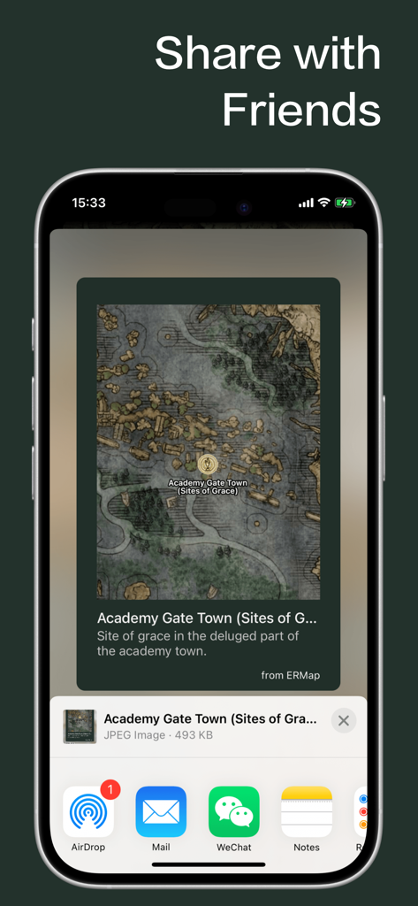 Captura de pantalla de la aplicación Mapa de Elden Ring mostrando la función Compartir con Amigos con una ubicación de mapa y la hoja de compartir de iOS.