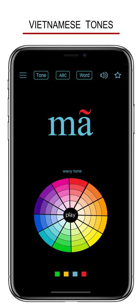 単語「ma」の声調レッスンを表示するベトナム語のスマートフォンスクリーン。