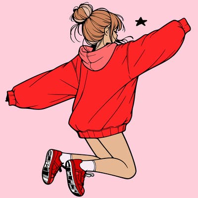 realistic girl jumping with a bun and oversized sweatshirt
