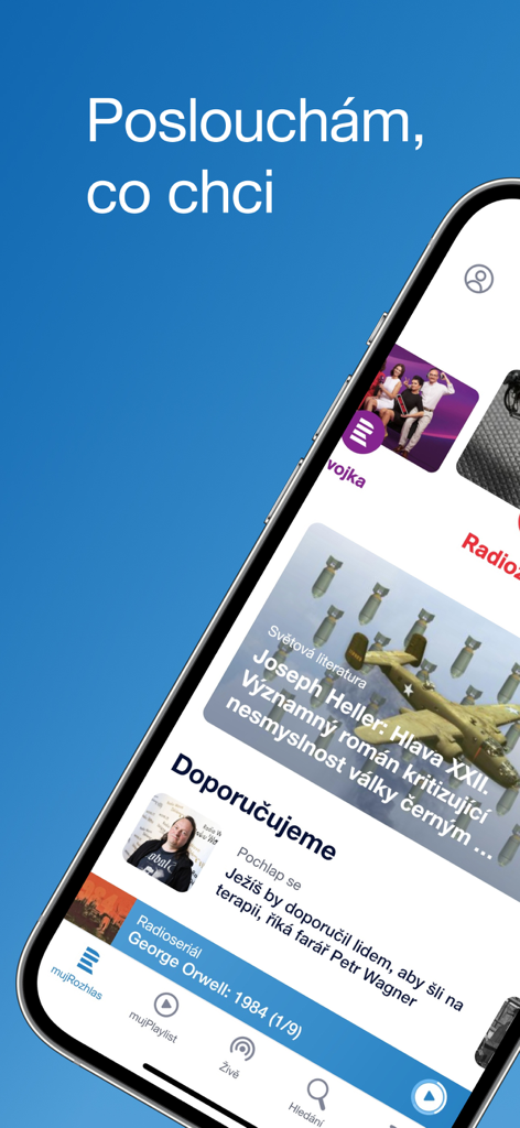 A mobile interface for the mujRozhlas app showing Czech radio programs literature and podcasts