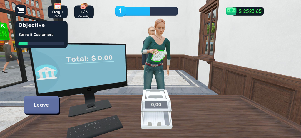 Visão de gameplay em primeira pessoa de um balcão de caixa de banco com um cliente segurando dinheiro em Bank Manager Simulator 3D