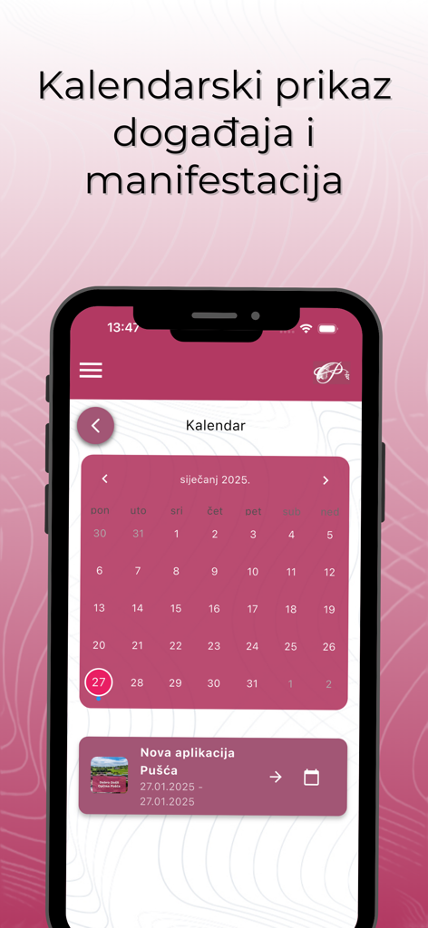 Moja Pušća - Vista de calendario de la aplicación Moja Pusca que muestra eventos locales y manifestaciones comunitarias.