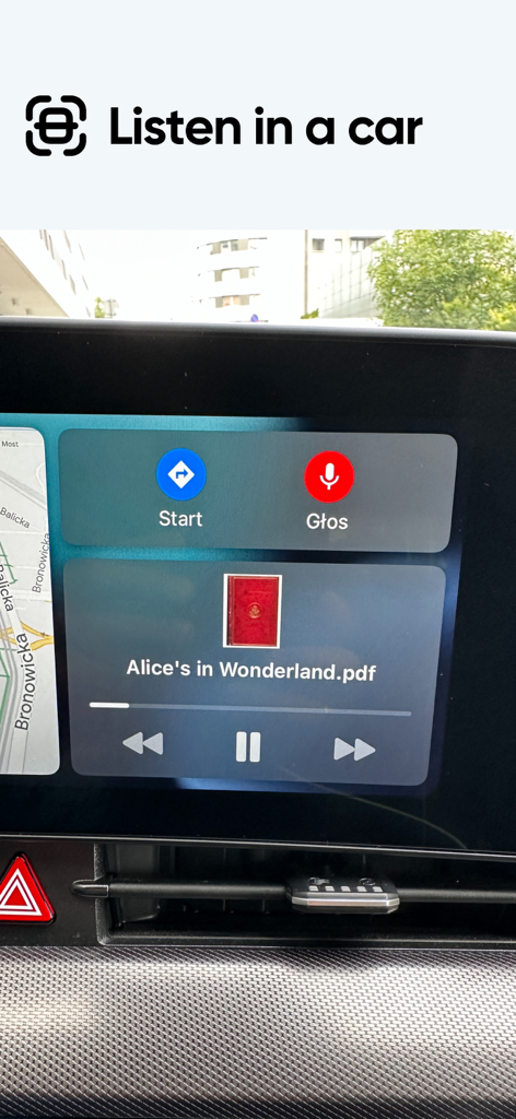 Voice Aloud Reader - Voice Aloud Reader app playing a PDF document on a car dashboard display