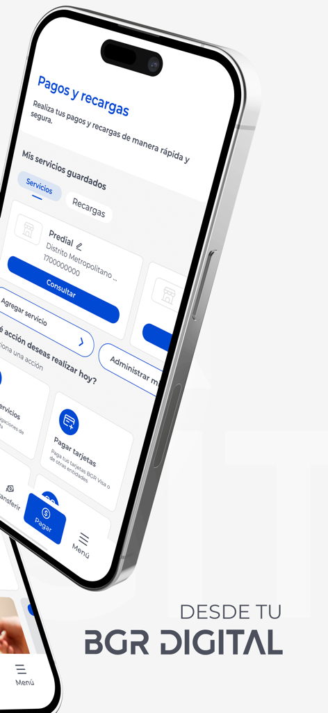 BGR Digital - Pantalla de smartphone mostrando la interfaz de pagos y recargas de la aplicación BGR Digital en español
