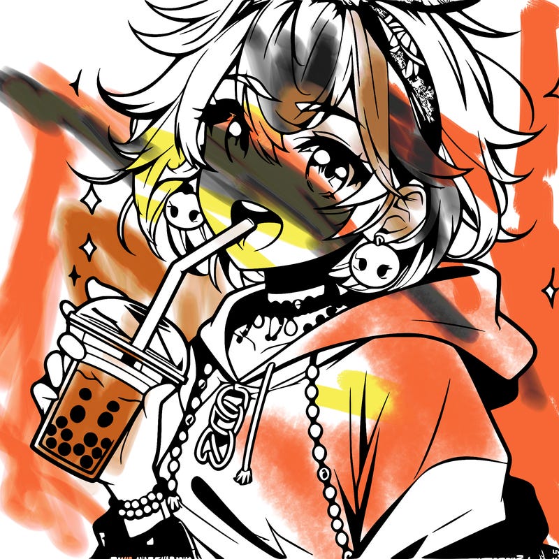 hot baddie anime girl drinking boba and biting the straw