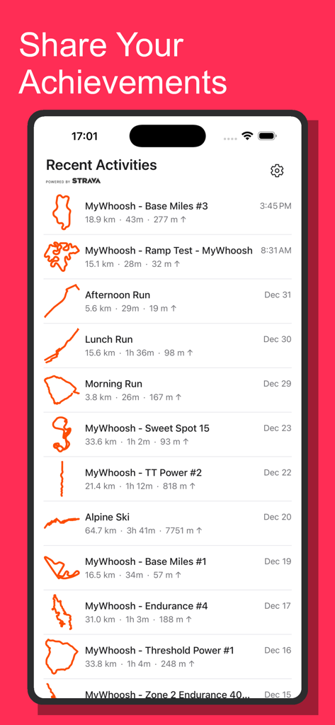 routeart app - La pantalla de Actividades Recientes de la app routeart que muestra una lista de rutas de fitness y estadísticas de rendimiento sincronizadas desde Strava