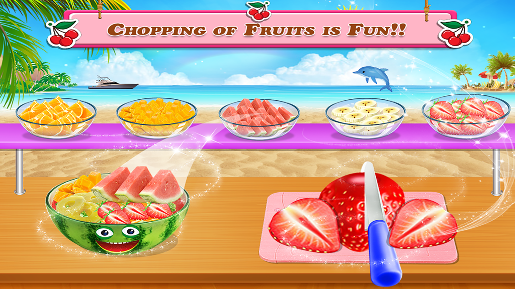 Fruit Dish Maker - Una pantalla de juego de cocina para niños que muestra una fresa siendo cortada en una tabla de cortar con varios cuencos de fruta al fondo