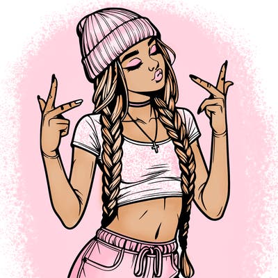 realistic teenage girl with braids and a beanie and crop top doing 🫶🏼
