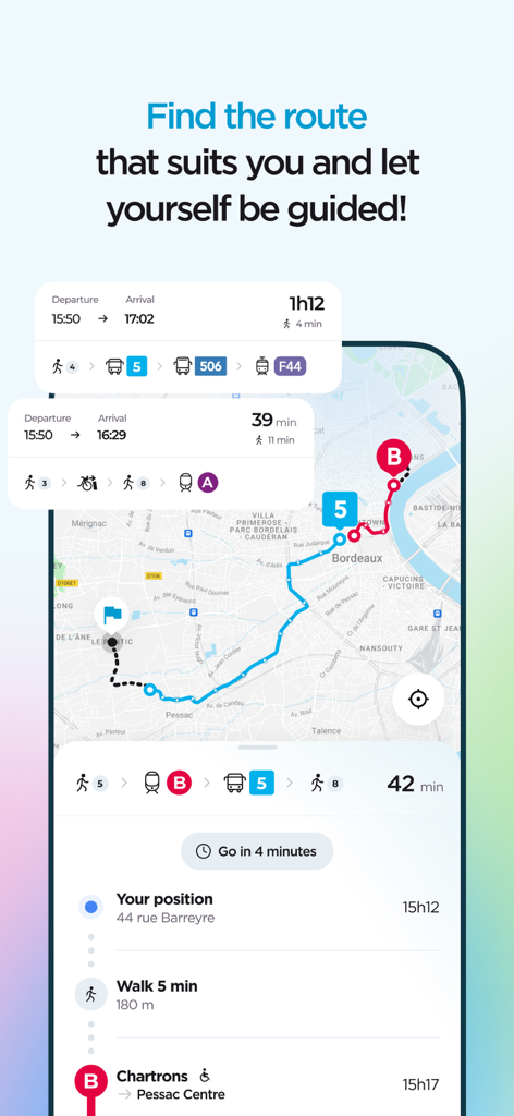 Captura de pantalla de la aplicación TBM mobilites mostrando opciones de ruta de transporte multimodal y un mapa de Burdeos