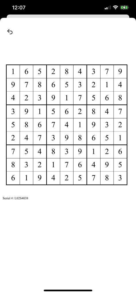 A completed Sudoku grid solution with serial number identification