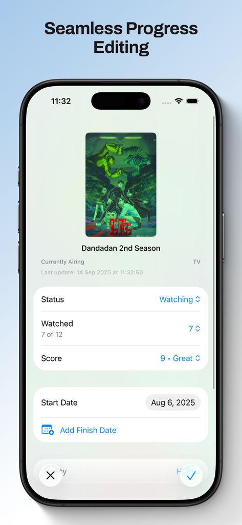 Kitsune for MyAnimeList - Interface of Kitsune app showing anime progress tracking for Dandadan with status and score options