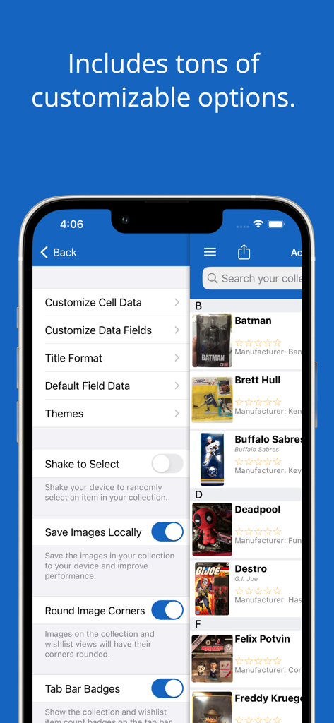 iCollect Action Figures: Toys - Interface of the iCollect Action Figures app showing various customization settings and a list of toys including Batman and Deadpool.