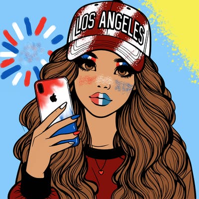 realistic beautiful girl wearing los ángeles cap holding an iphone