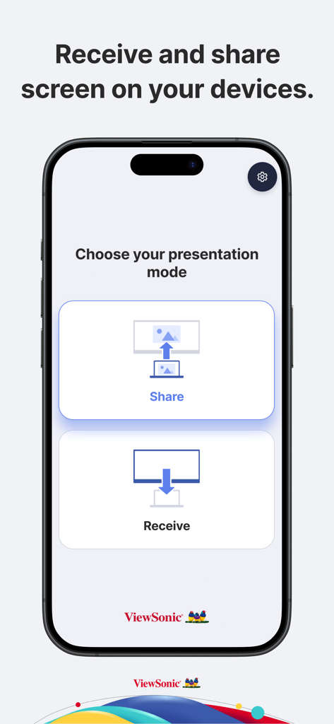 AirSync Sender - AirSync Sender mobile app interface showing options to share or receive screens for presentations.