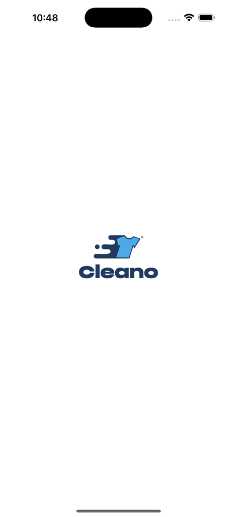 Cleano | كلينو - The splash screen of Cleano laundry app featuring a blue tshirt icon and logo on a white background