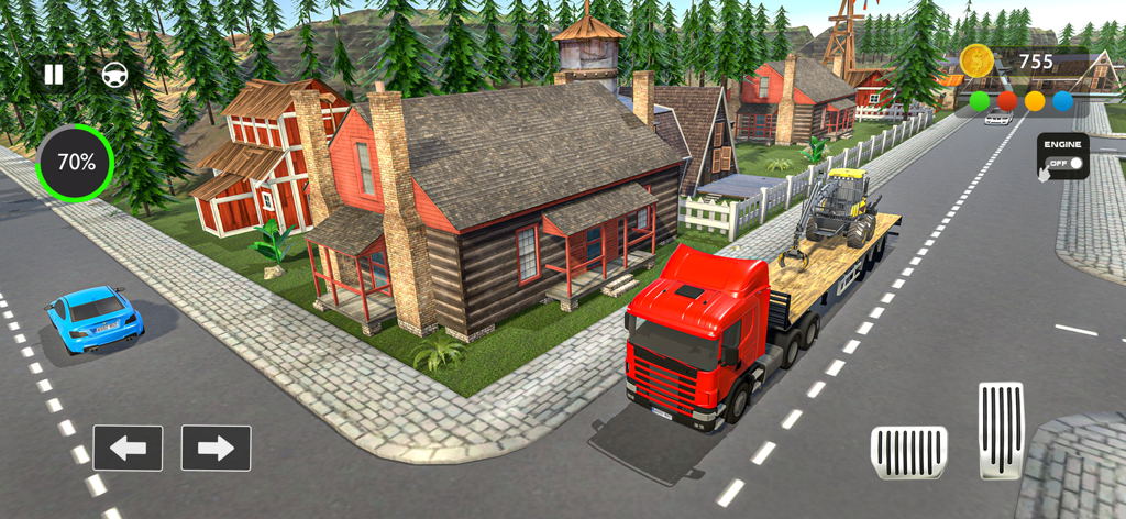 Farm Simulator Tractor Games - Un camión rojo transportando maquinaria pesada a través de una aldea rural en un juego de simulador de granja