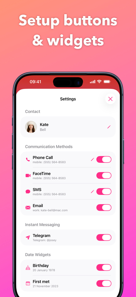 Darling - Um display de smartphone mostrando as configurações do aplicativo Darling para um contato chamado Kate Bell, com opções para habilitar métodos de comunicação como telefone, FaceTime e SMS, além de widgets de data de aniversário e data comemorativa.