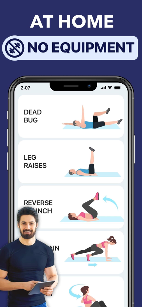Lose Belly Fat at Home app interface displaying core exercises like dead bug and leg raises with no equipment required