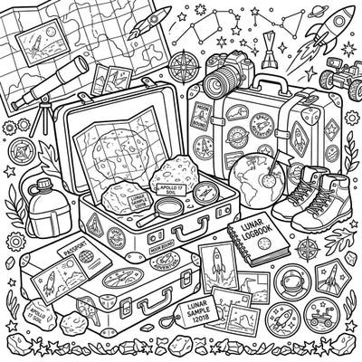 Journey to the cosmos with this unique Moon Rocks and Vacation coloring page. Explore a detailed scene featuring lunar samples, space rockets, and essential travel gear for an unforgettable adventure.