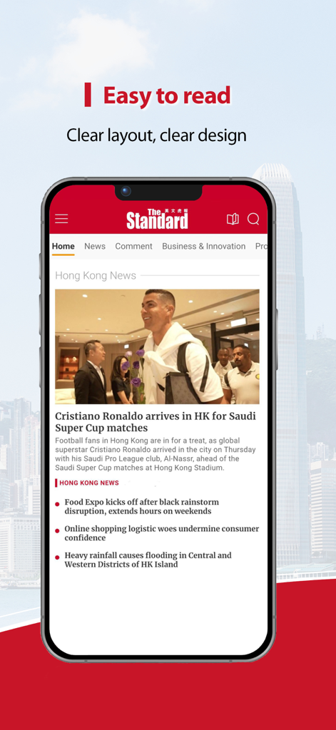 The Standard - The Standard mobile app interface showing Hong Kong news with a clean layout