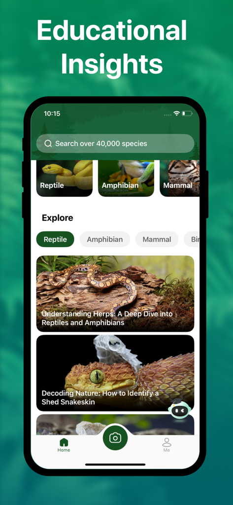 Picture Nature: Animal ID - Educational insights page of the Picture Nature app showing animal categories and reptile articles