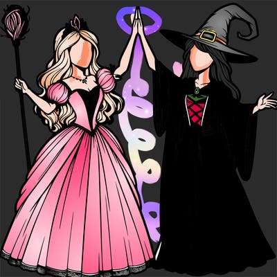 detailed realistic split of a princess and a witch