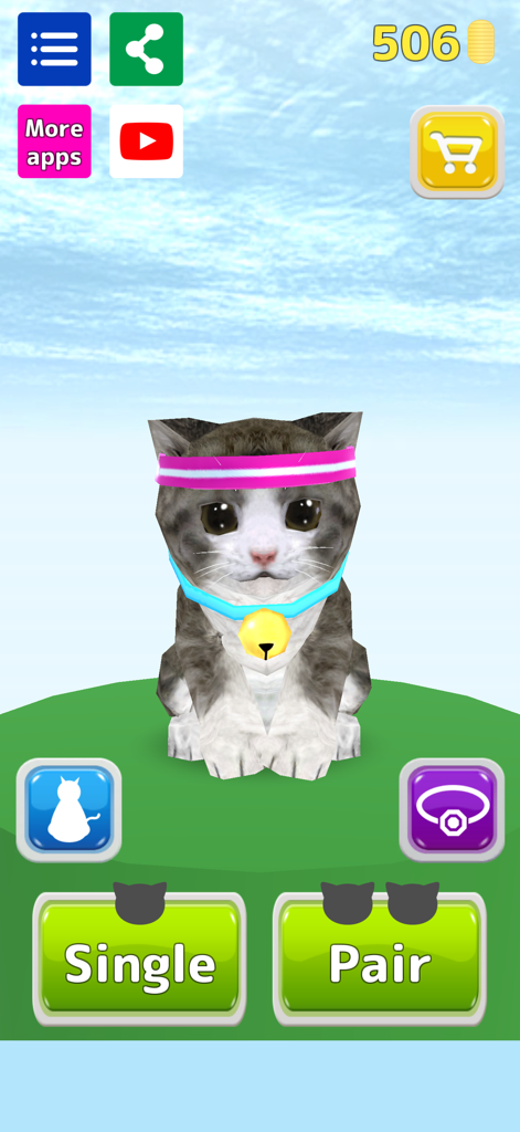 Schermata principale del gioco mobile Cat Run con un gattino carino e pulsanti per selezionare le modalità di gioco singola o di coppia.