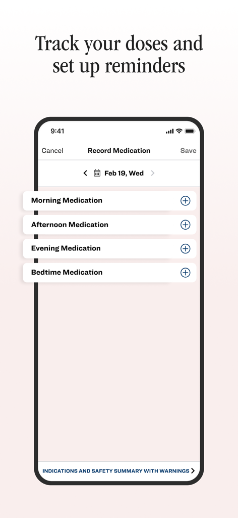 Interfaz de la aplicación Lilly Health para registrar dosis de medicación y establecer recordatorios para la mañana, tarde, noche y hora de acostarse