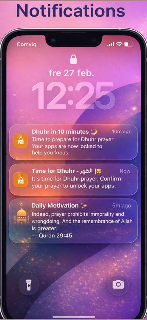 Smartphone lock screen showing prayer notifications and daily motivation from the Salah Lock app