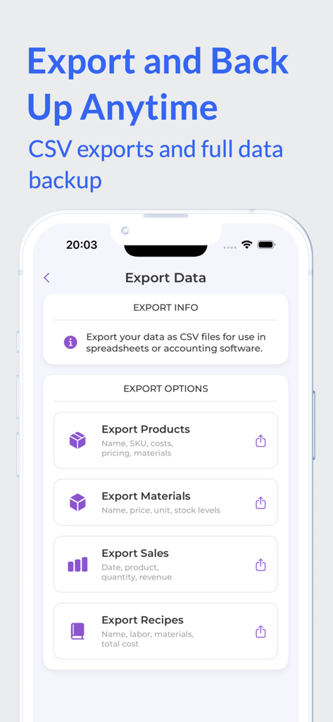 Craft Pricing: Cost & Profit - クラフト製品、材料、売上、レシピのデータをCSV形式でエクスポートするオプションが表示されるモバイルアプリの画面