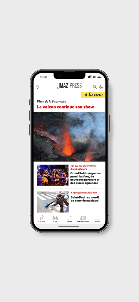 Imaz Press - Imaz Press app interface showing news about La Reunion volcano and local events