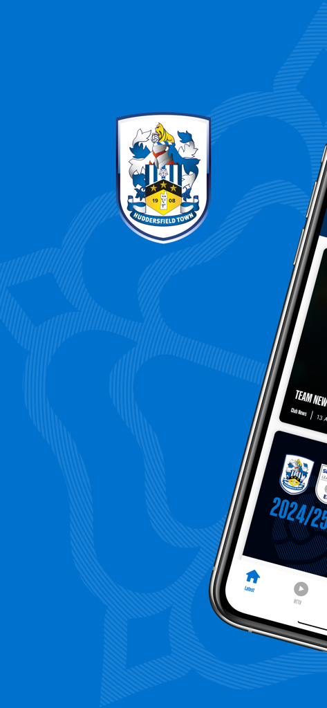 Huddersfield Town AFC - App ufficiale dell'Huddersfield Town AFC su smartphone con lo stemma del club e il feed di notizie
