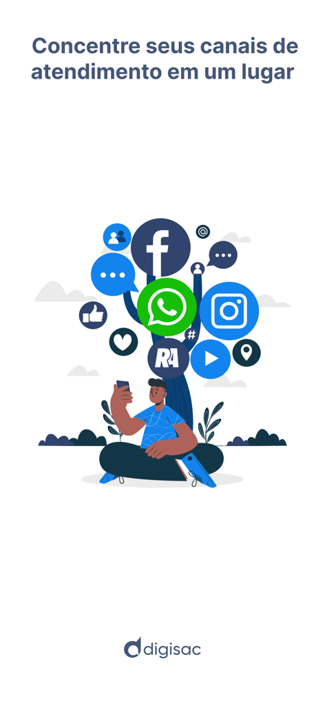 Illustration of a person using their phone to manage multiple business messaging channels like WhatsApp and Facebook in one place via Digisac.