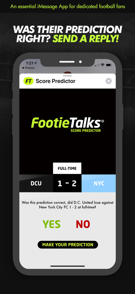 FootieTalks Score Predictor app on iMessage showing MLS match results and prediction options