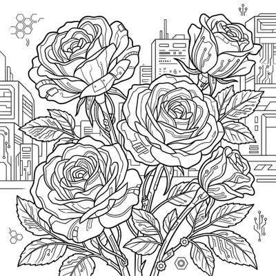Explore the fascinating intersection of nature and technology with our Cyberpunk Damask Roses coloring page. This intricate design reimagines classic blooms with a futuristic, high-tech twist, perfect for an engaging coloring session.