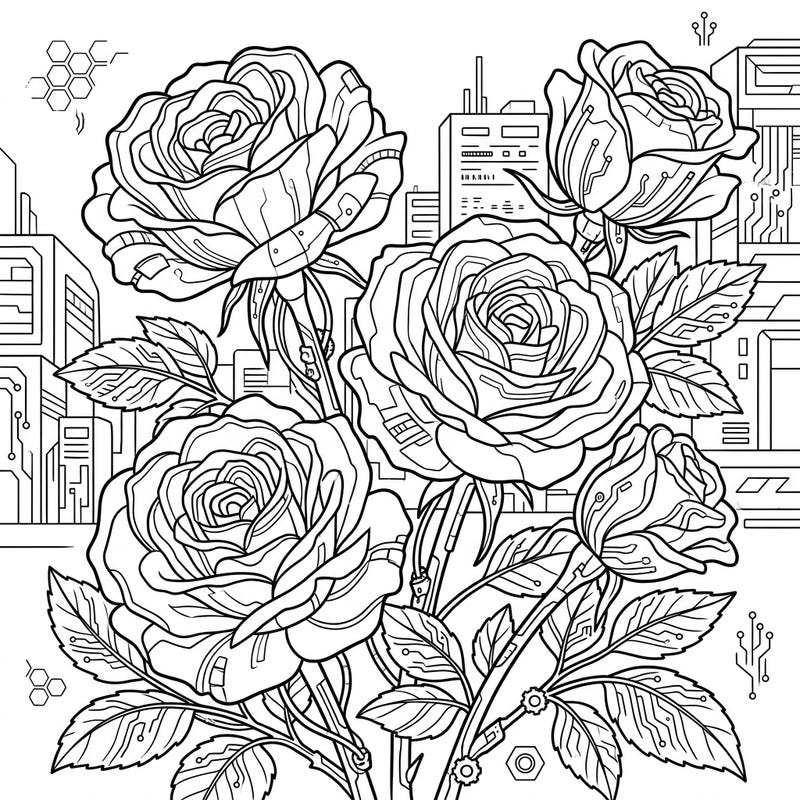 Explore the fascinating intersection of nature and technology with our Cyberpunk Damask Roses coloring page. This intricate design reimagines classic blooms with a futuristic, high-tech twist, perfect for an engaging coloring session.
