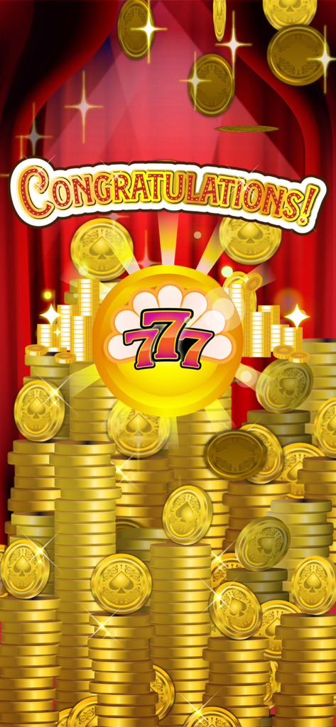 Slot Machines Classic : lucky - A congratulatory screen from a classic slot machine game showing a 777 lucky symbol and large stacks of gold coins.