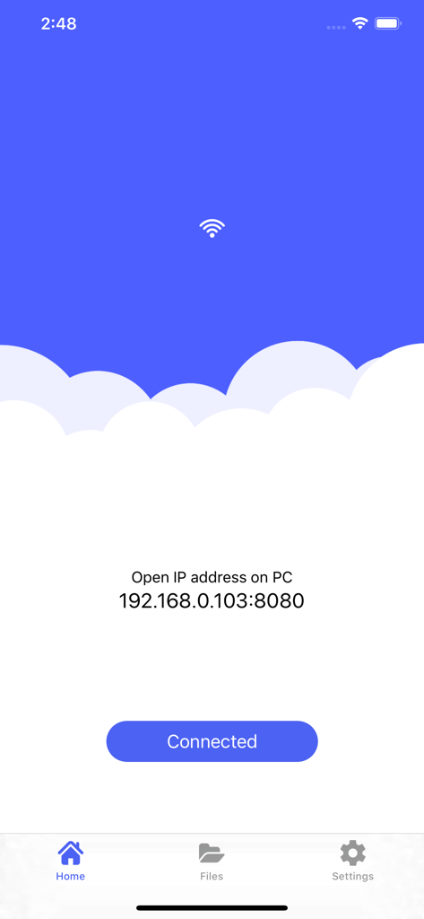 Secure File Manager app interface showing an IP address for wireless file transfer between a mobile device and a computer