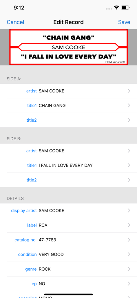 My Vinyl for Jukebox Owners - Interface of the My Vinyl app showing record details and a preview of a jukebox title strip for a Sam Cooke record.