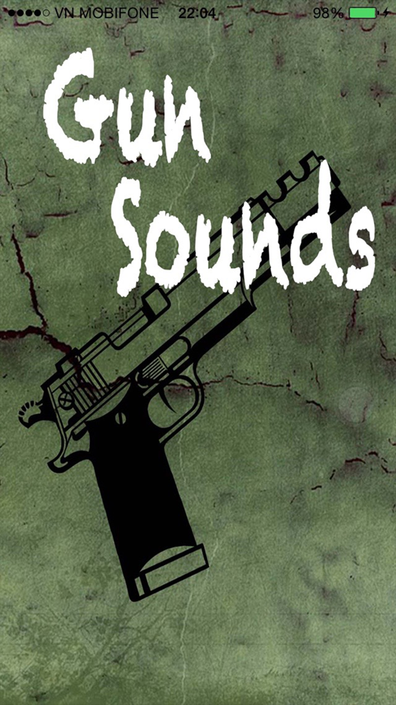 Gun Sounds - Real Gun Sound - Gun Sounds app title screen showing a handgun outline on a green textured background.
